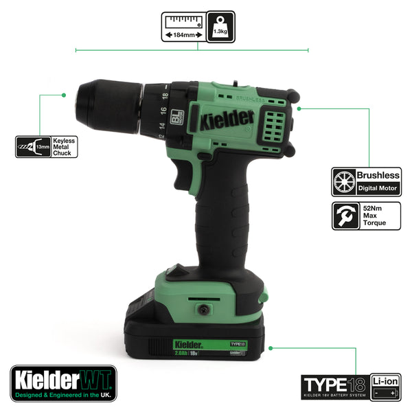 KWT-011-92 TYPE18 18v Drill Driver, 1 x 2.0Ah + 4 x Cobalt Drill Bits (Eco Case, with EVA Foam Insert) - No Charger