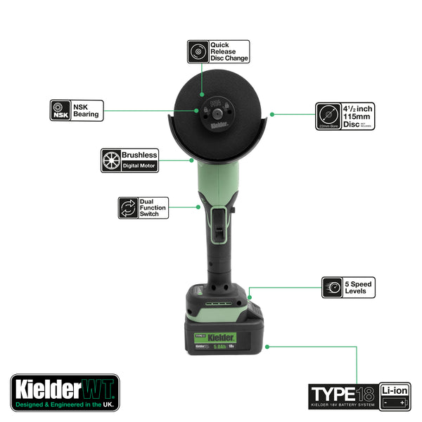 KWT-013-88 TYPE18 18v 115mm Angle Grinder + 1 x 5.0Ah (Bare + Battery)