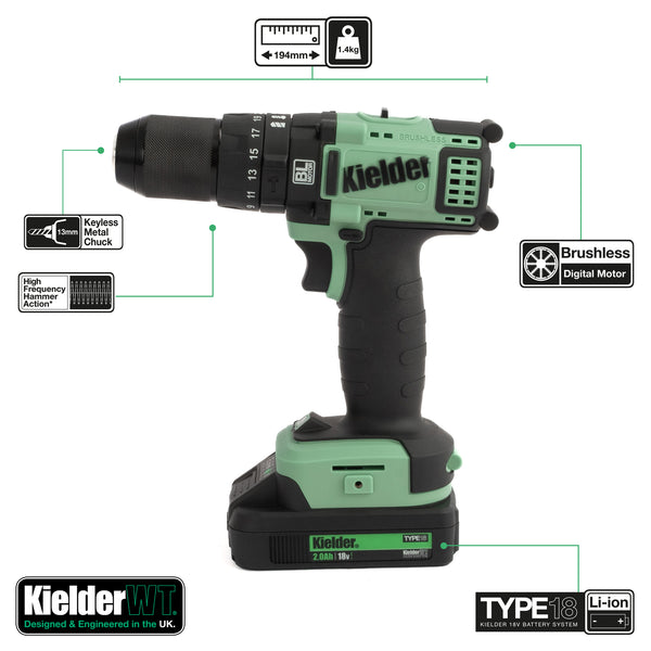 KWT-014-91 TYPE18 18v Combi Drill, 1 x 2.0Ah, Charger + 5 x Drill Bits (Eco Case, with EVA Foam Insert)
