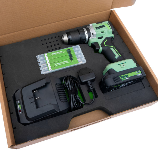 KWT-020-91 TYPE18 18v 75Nm Combi Drill, 1 x 2.0Ah + Charger + 3, 4, 6mm Cobalt Drill Bits + 6 & 7mm Masonry Drill Bits (Eco Case with EVA foam insert)
