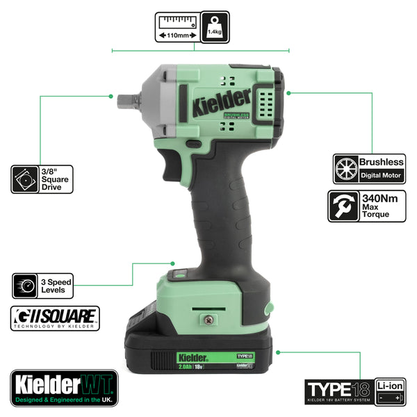KWT-075-88 TYPE18 18v 3/8" Ultra Compact Impact Wrench + 1 x 2.0Ah (Bare + Battery)