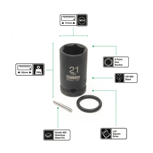 KWT-125-PO 1/2" 21mm Impact Socket (52mm Long) + Pin & O-Ring