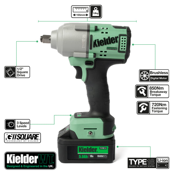 KWT-180-95 TYPE18 18v 1/2" Mid Torque Impact Wrench, 1 x 5.0Ah + Charger (Box)
