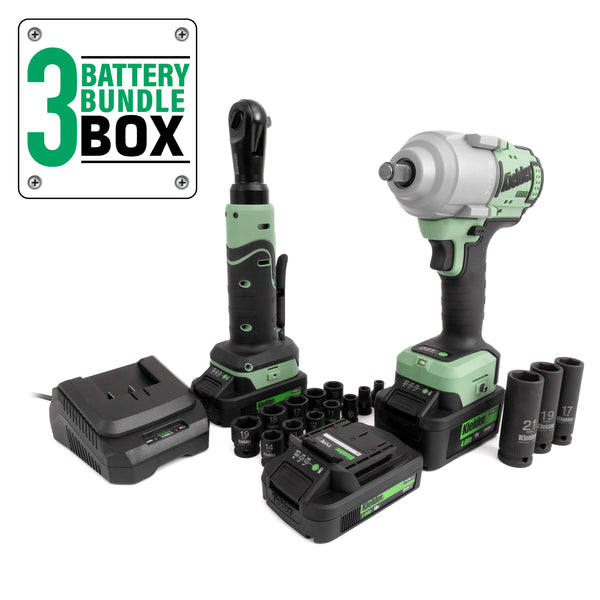 KWT-BBB 3 Battery Bundle Box (Mid Torque Impact Wrench & Compact Ratchet)